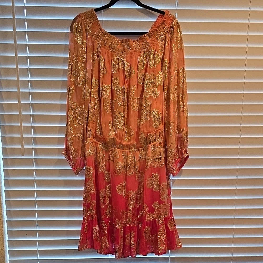 Boston Proper Vibrant Orange and Gold Long Sleeve Dress